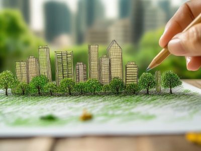 Person sketching a sustainable green city concept with eco-friendly buildings and trees on paper, symbolizing urban planning and environmental conservation