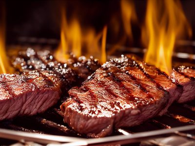 Grilled meat steak on stainless grill depot with flames on dark background. Food and cuisine concept.