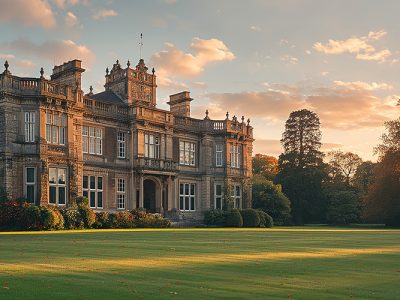 A grand English manor house stands on a grassy lawn with trees a